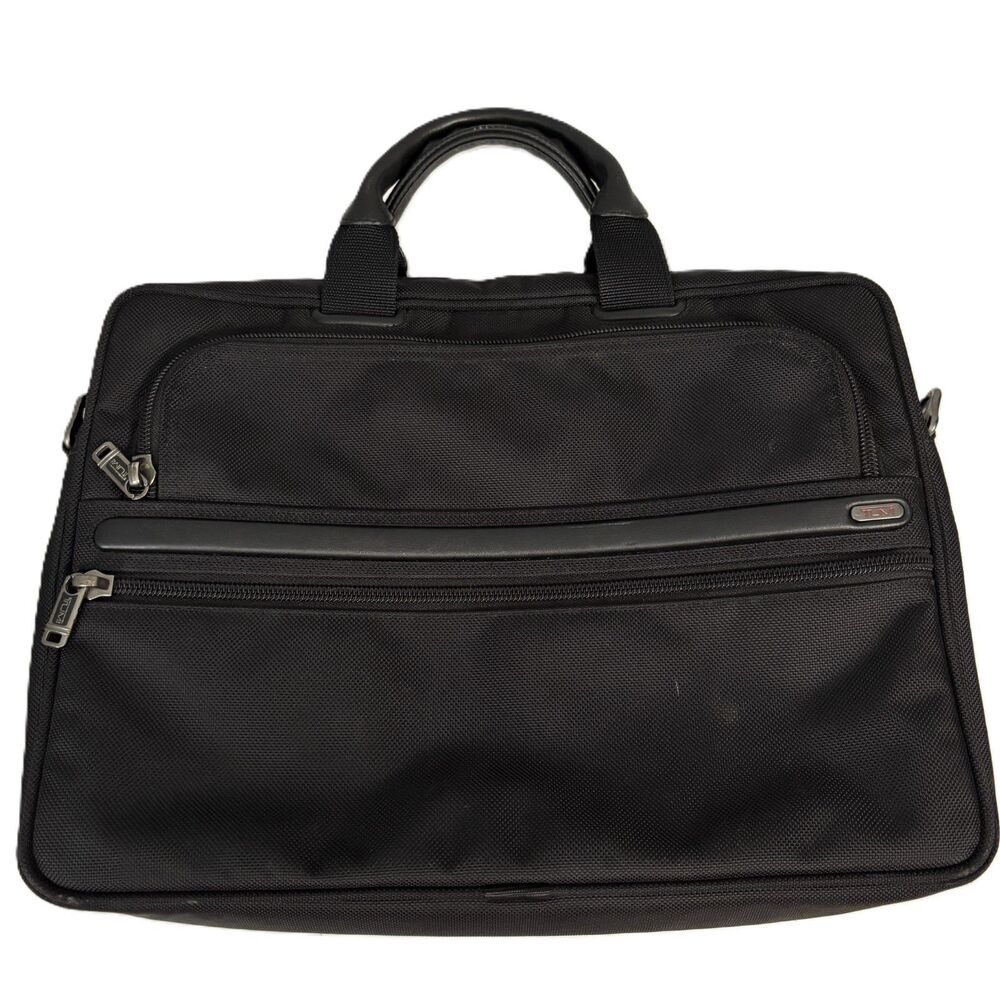 TUMI Black Ballistic Nylon Slimline Padded Laptop Bag Black Leather Handles